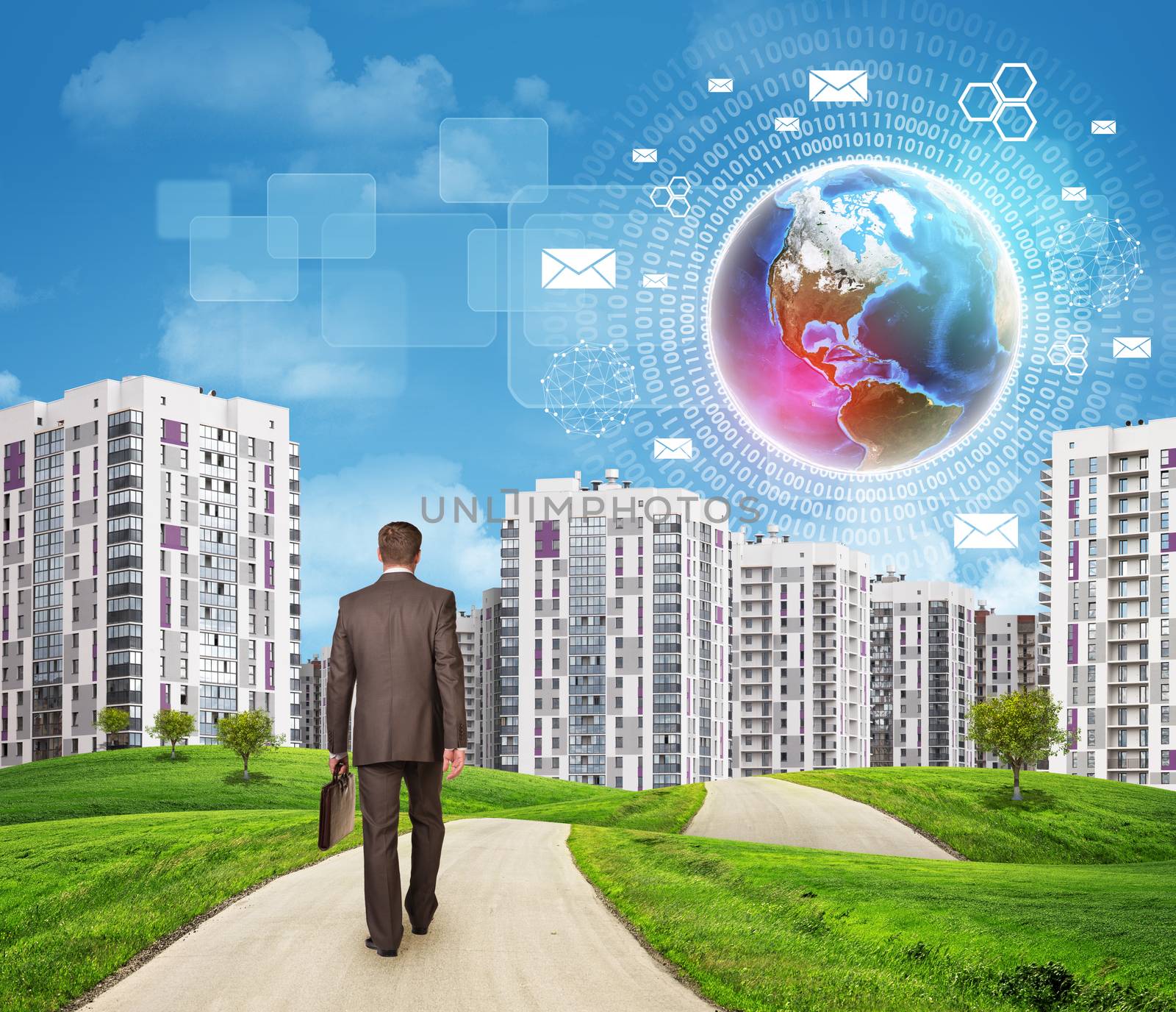 Businessman walking along road through green hills with a few trees. High-rise buildings as backdrop. Brightly coloured planet, charts and other virtual items in sky. Elements of this image furnished by NASA