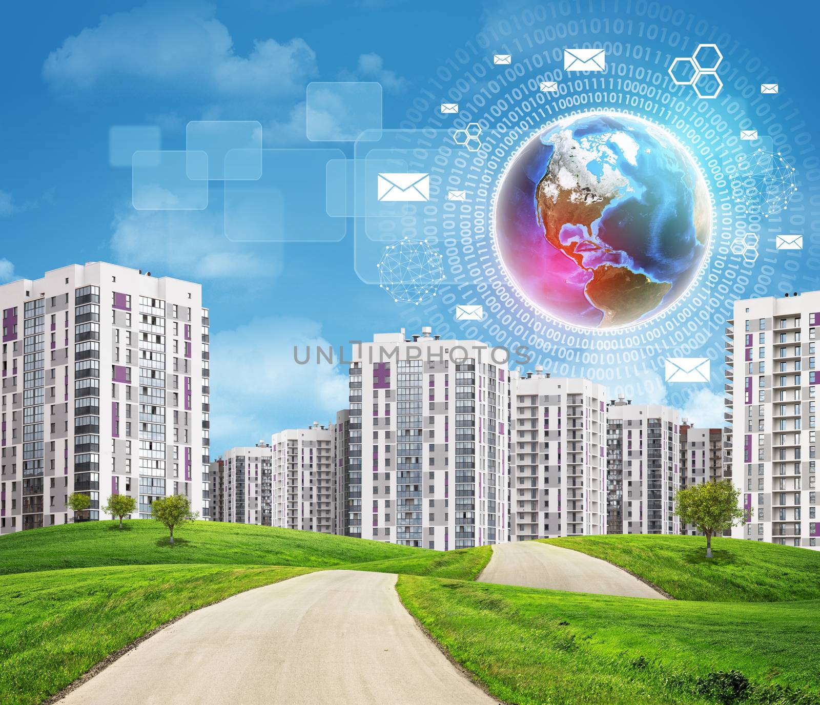 Road running through green hills with a few trees, High-rise buildings as backdrop. Brightly coloured planet, charts and other virtual items in sky. Elements of this image furnished by NASA