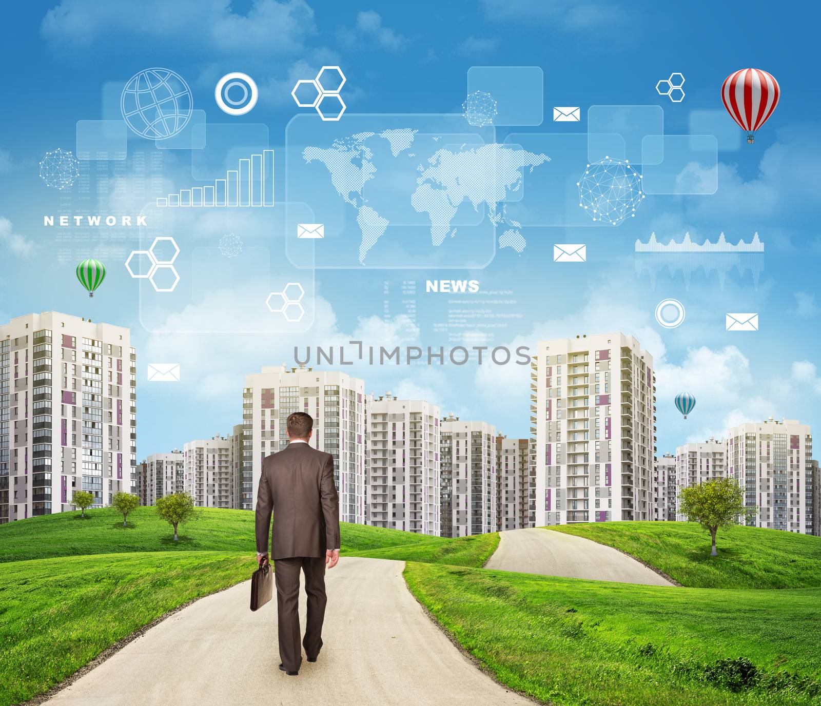 Businessman walking along road running through green hills towards city . Charts, rectangles, diagrams and other virtual items in sky by cherezoff
