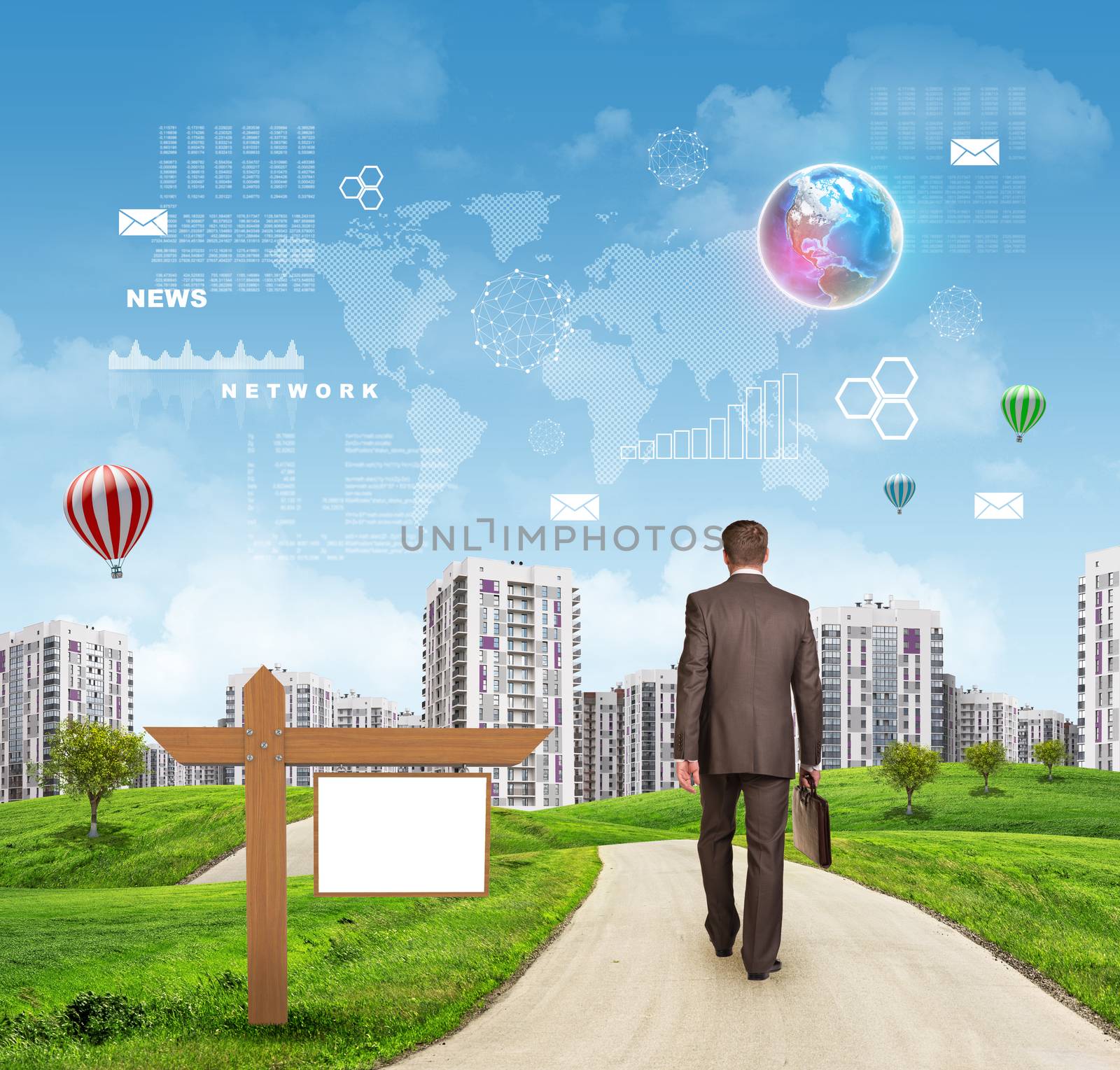 Businessman walking along road running through green hills with a few trees, passing by blank signboard. High-rise buildings with a few air-baloons above as backdrop. Bright coloured planet, charts, diagrams and other virtual items in sky