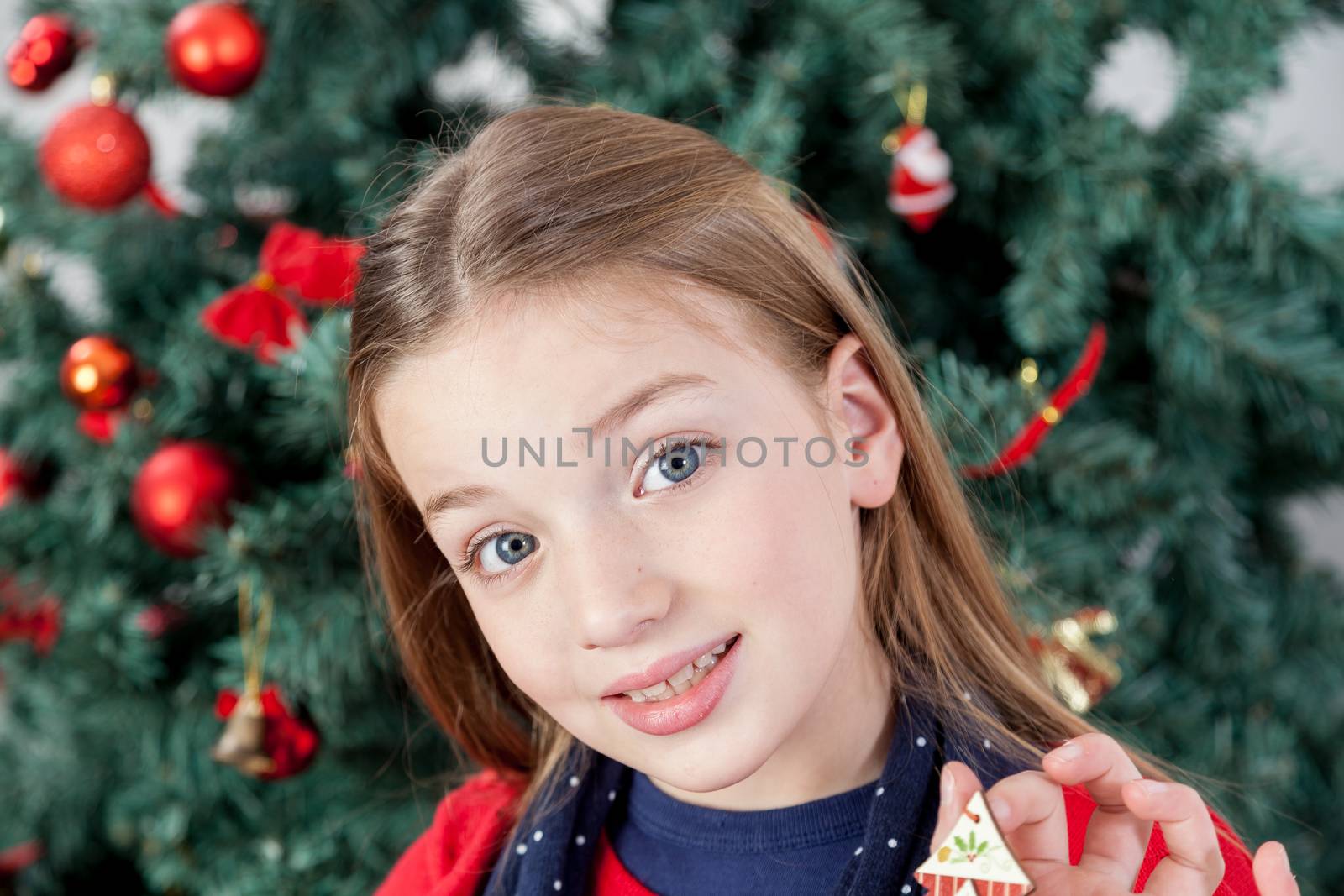 8-10, anticipation, background, backround, ball, girl, pretty, blonde, caucasian, christmas, christmastime, decorations, gift, green, hair, hold, holding, holiday, indoors, look, looking, female, model, old, one, only, present, profile, property, red, releases, side, single, smile, standing, studio, sweater, the, tree, horizontal, green, winter, xmas, years