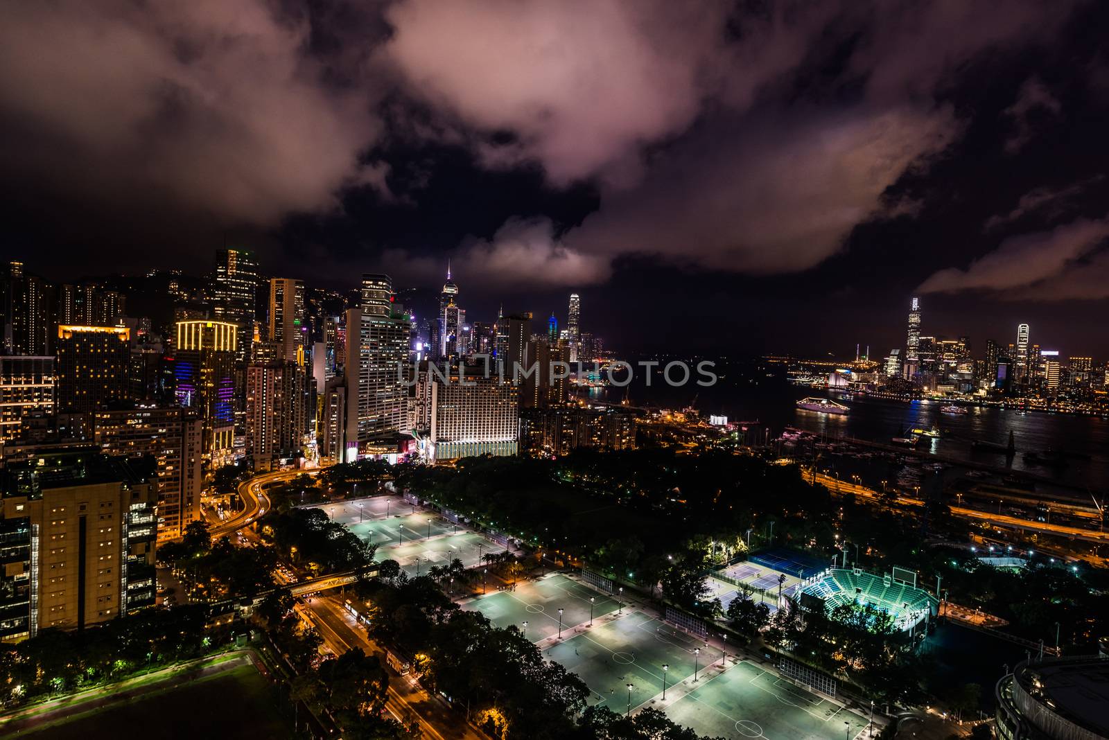 cityscape night Victoria Park Causeway Bay Hong Kong  by PIXSTILL