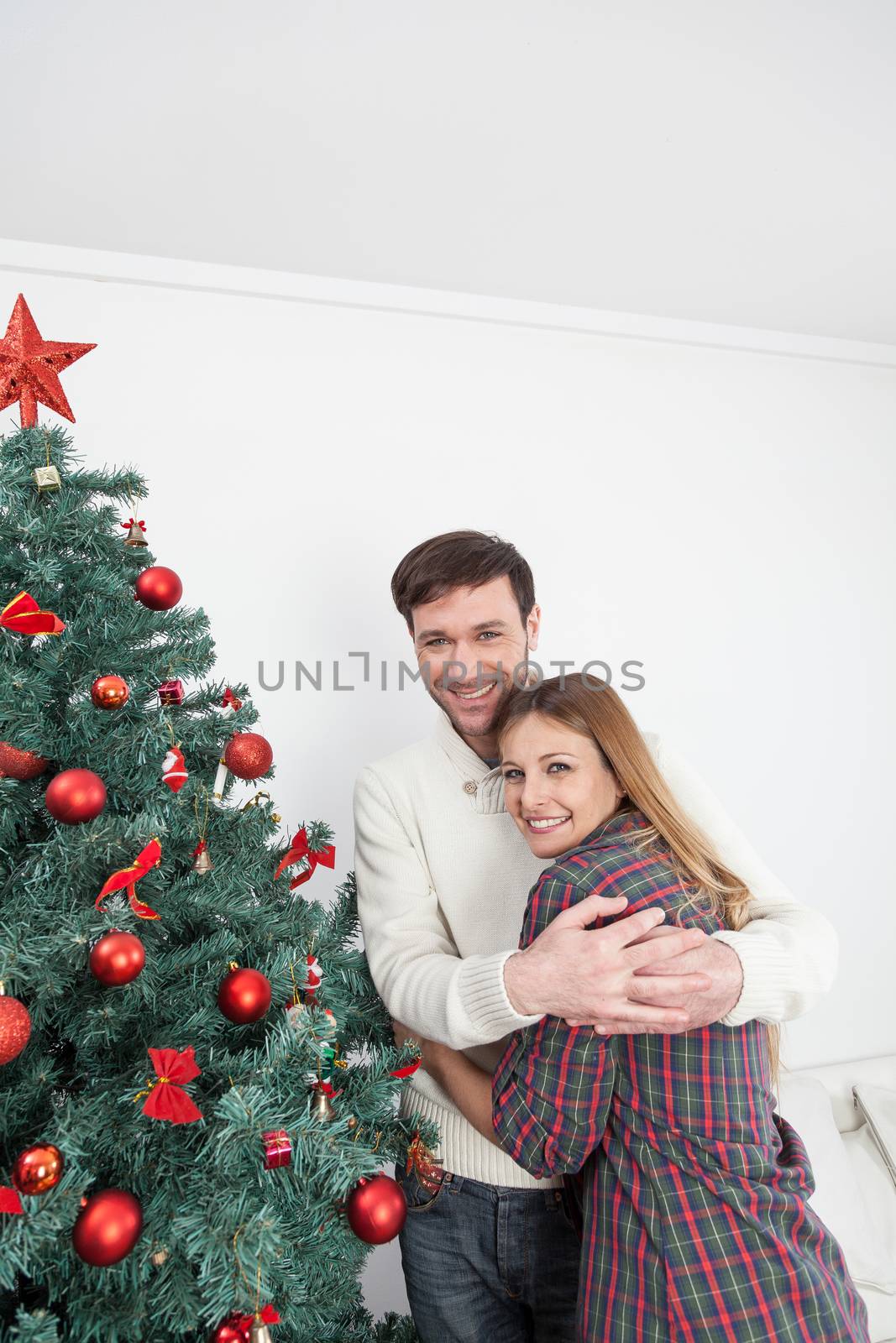 Happy couple hugging himself beside the christmas tree by ifilms