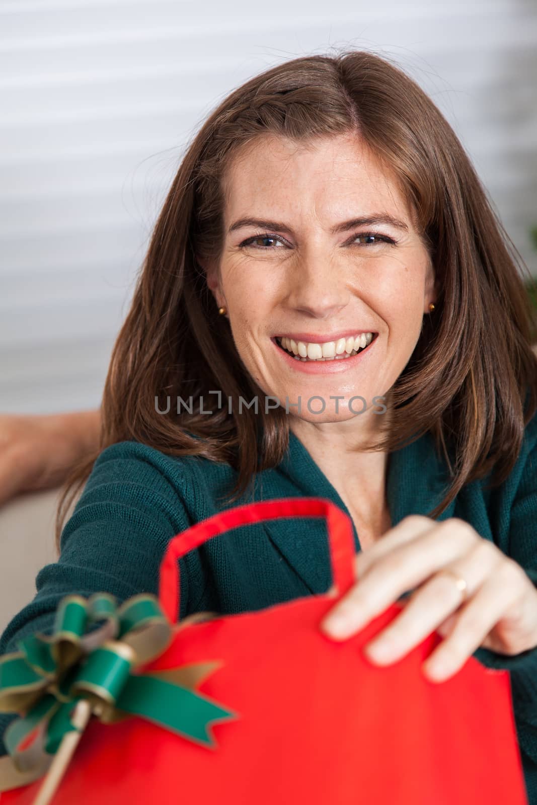 35-40, at, bag, camera, caucasian, celebrating, cheerful, christmas, cute, enjoy, female, festive, festivity, gift, green, happy, holding, holidays, horizontal, joyful, looking, merry, model, old, one, open, opening, person, pleasure, present, pretty, property, red, release, smile, smiling, white, woman, years, wife