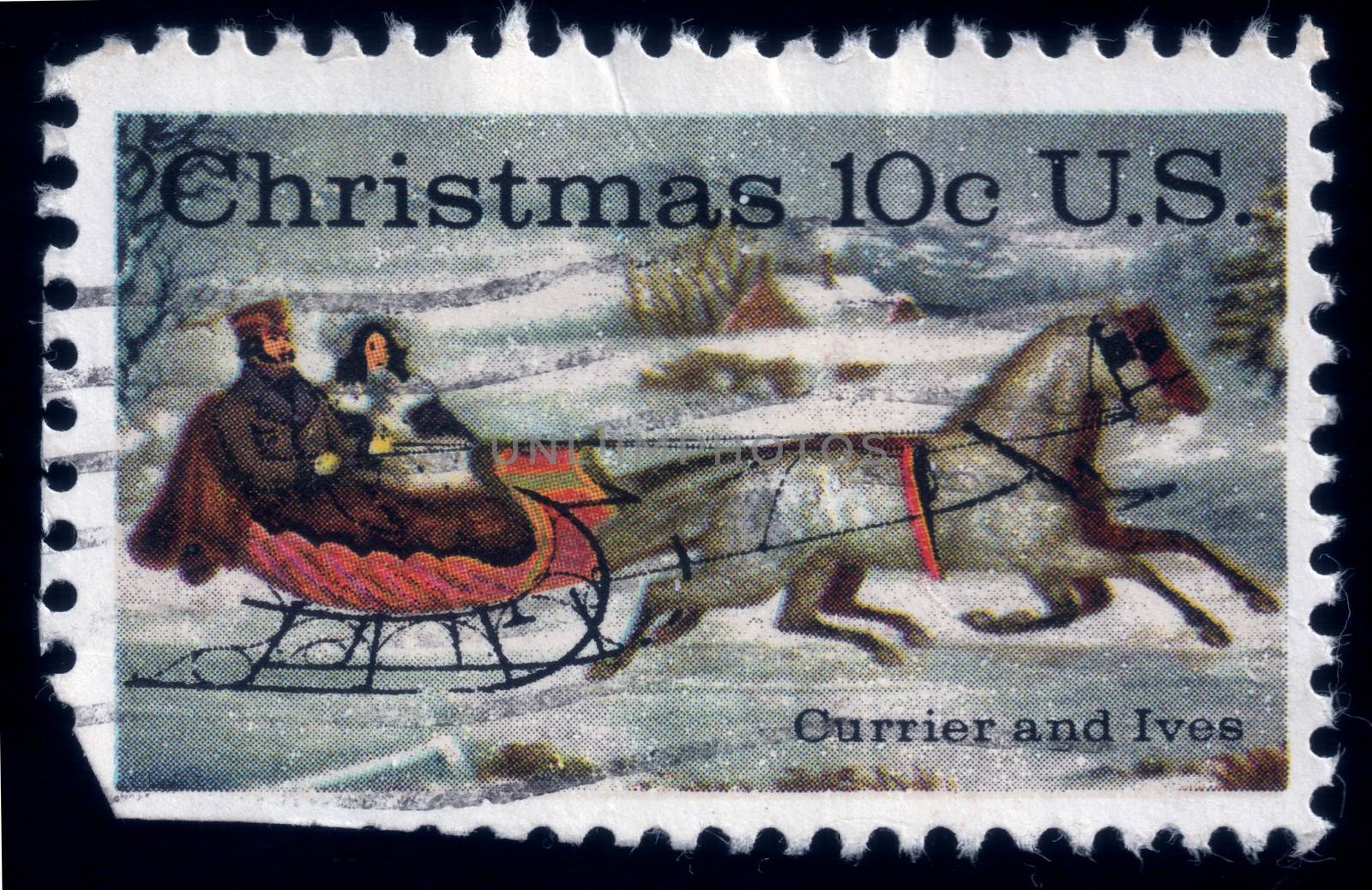 Couple runs fast on a sleigh in Winter. Currier and Ives's picture. USA Postage Stamp. Uploaded in 2014