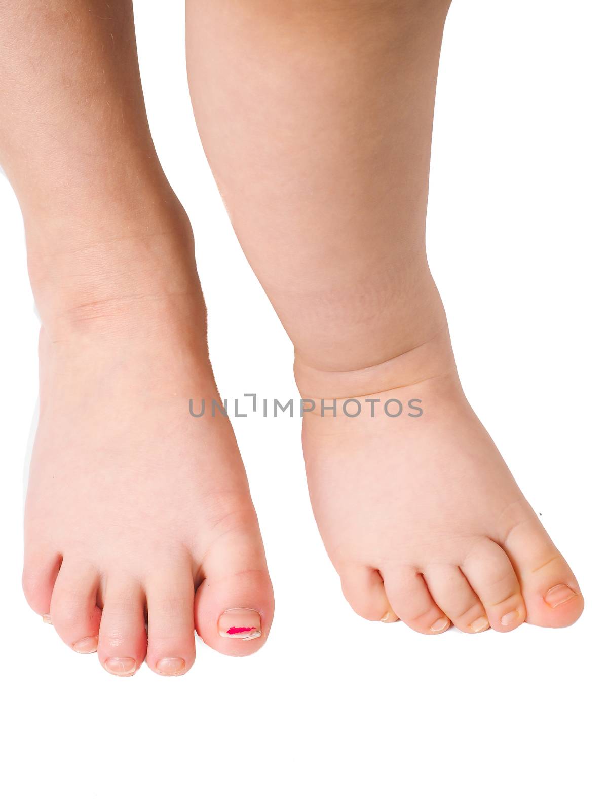 Barefoot young children standing towards isolated white background