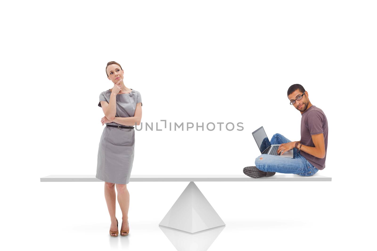 White scales measuring businesswoman and man by Wavebreakmedia