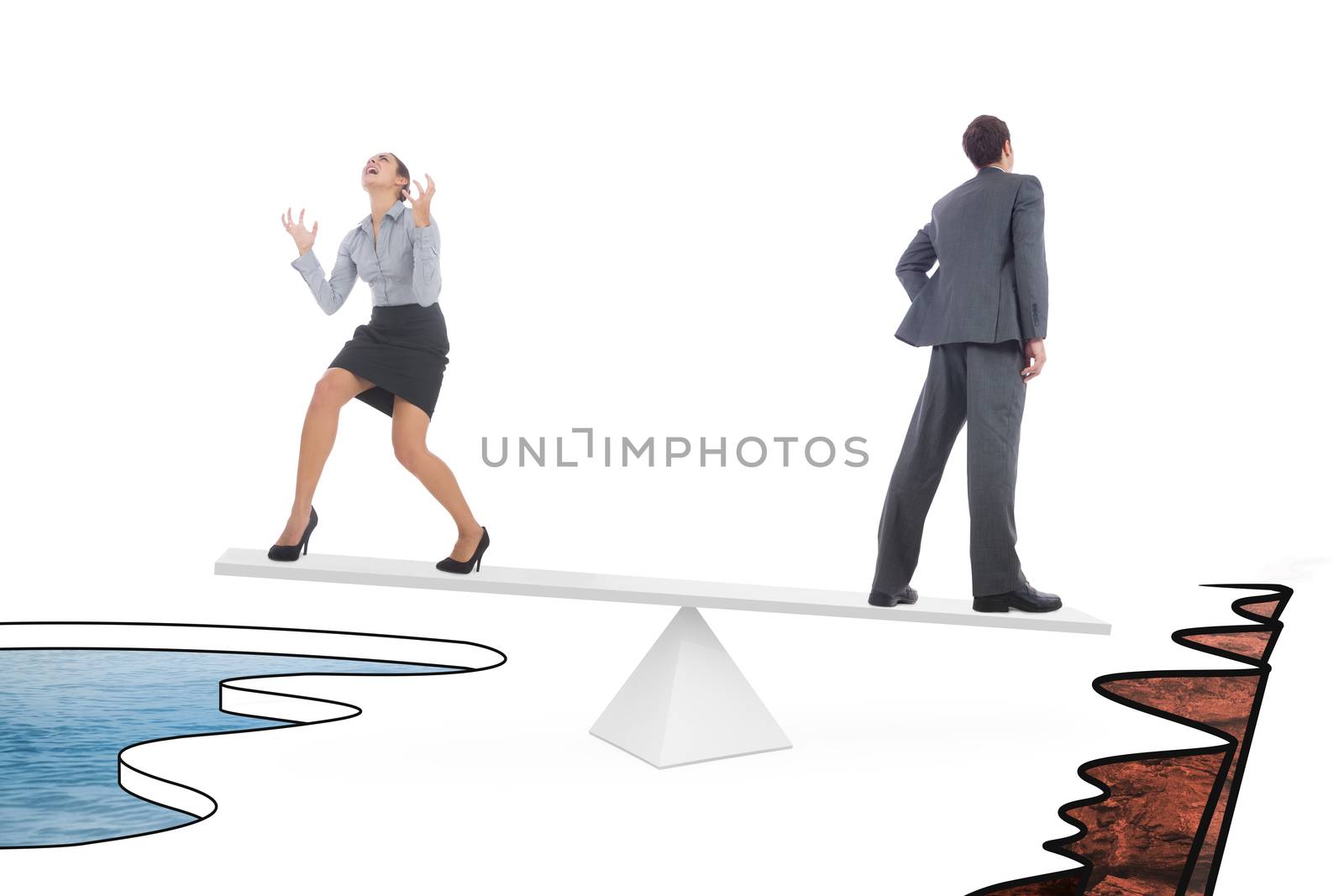 White scales weighing businessman and businesswoman by Wavebreakmedia