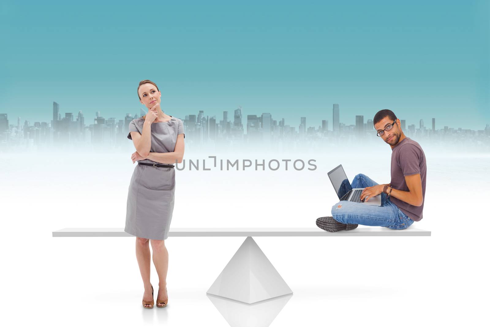 White scales weighing businesswoman and man against cityscape on horizon