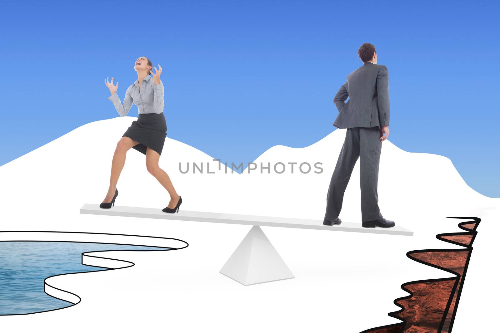 White scales weighing businessman and businesswoman over cliff edge and water on either side