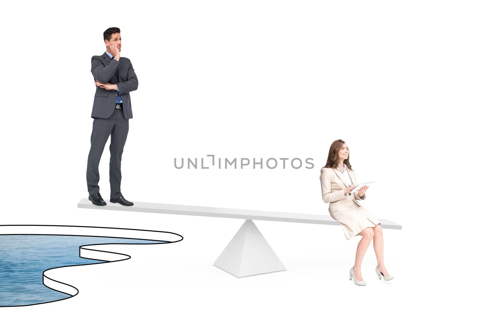 White scales measuring business people over pool of water