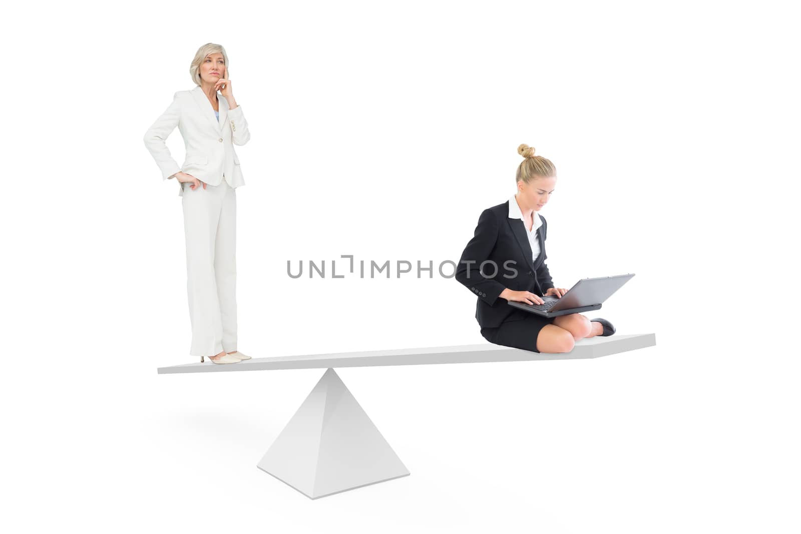 White scales measuring businesswomen on white background