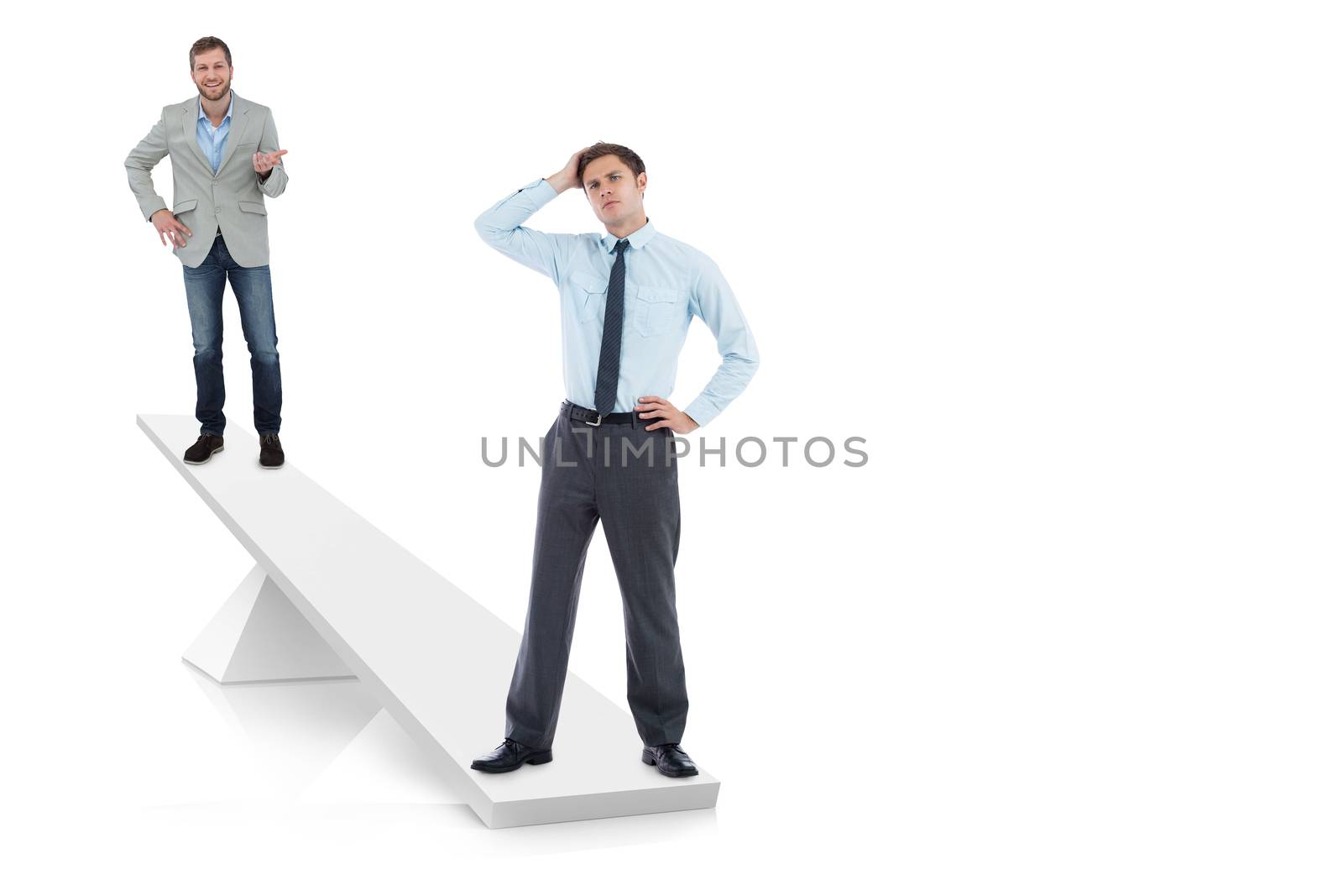 White scales weighing businessmen on white background