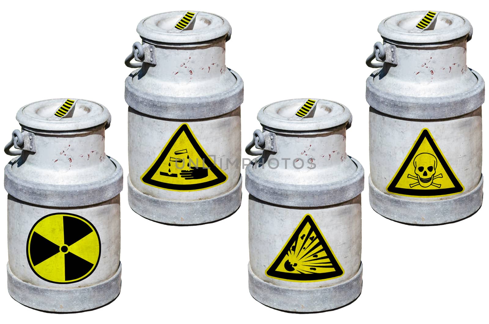 Four barrels with hazardous waste. Barrels marked by symbols.