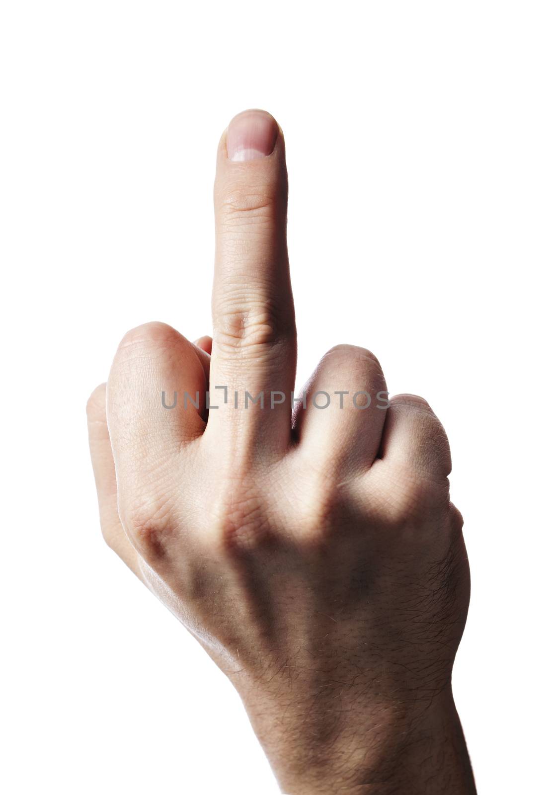 Man gesturing with his middle finger. Short depth-of-field.