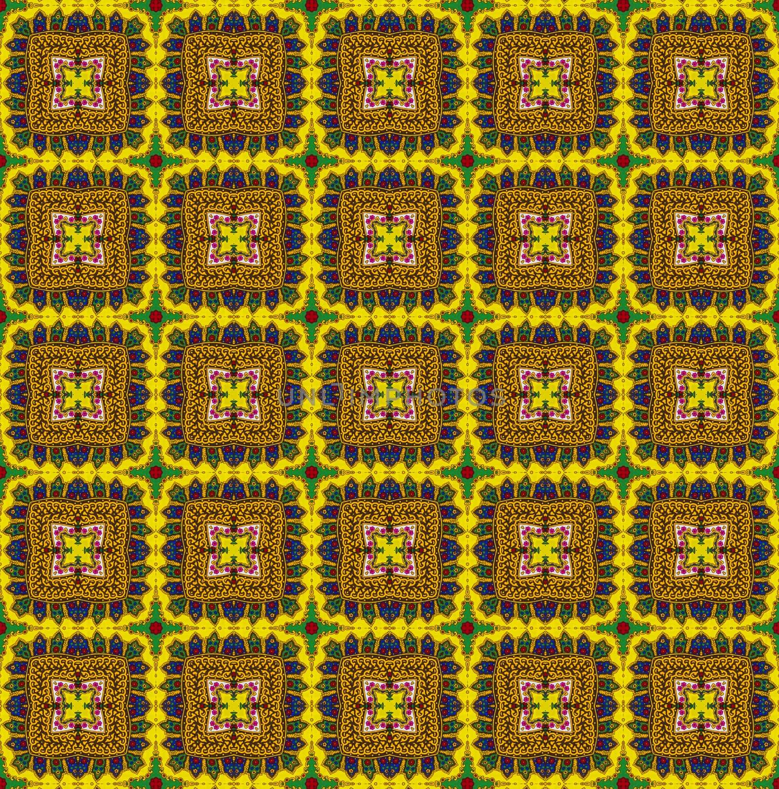 Ethnic pattern in yellow tones.Abstract kaleidoscope fabric design. 