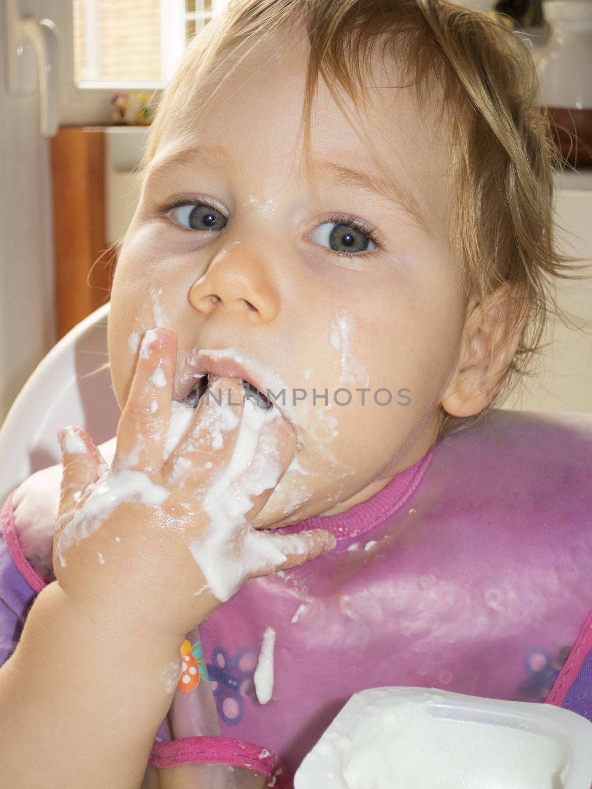 blonde caucasian baby 1 year eating natural yogurt with her hand in high-chair kitchen
