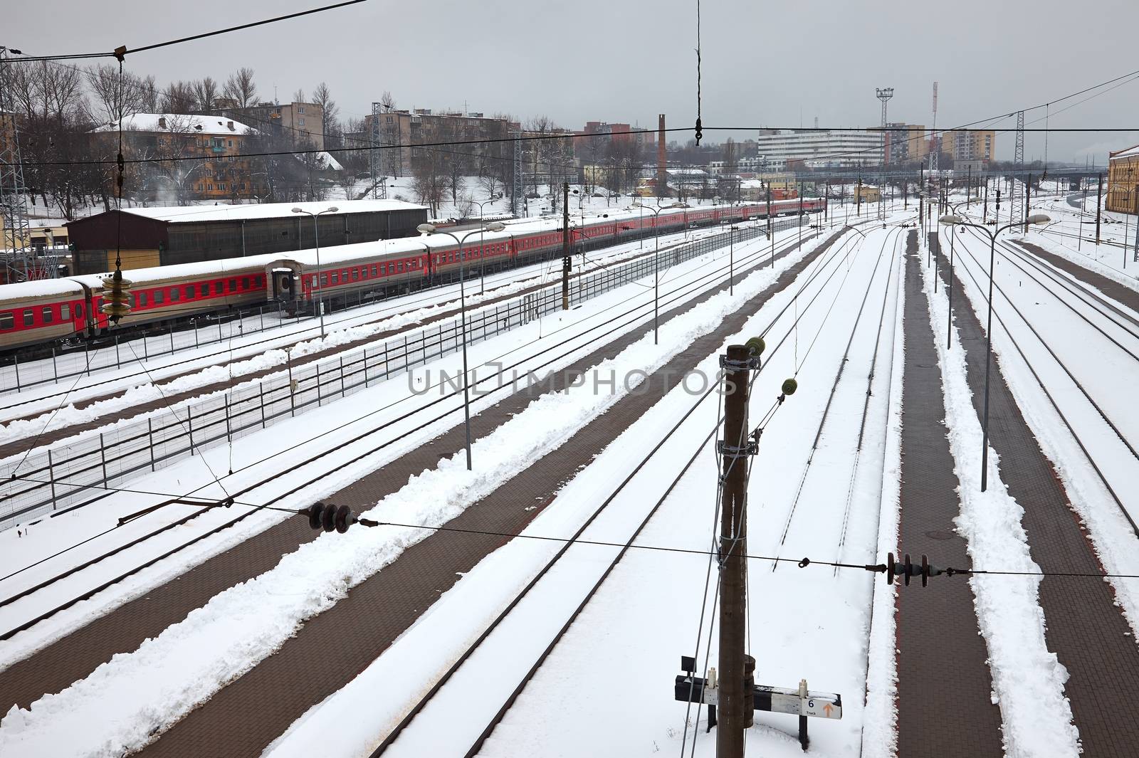 Railroad station tracks in winter