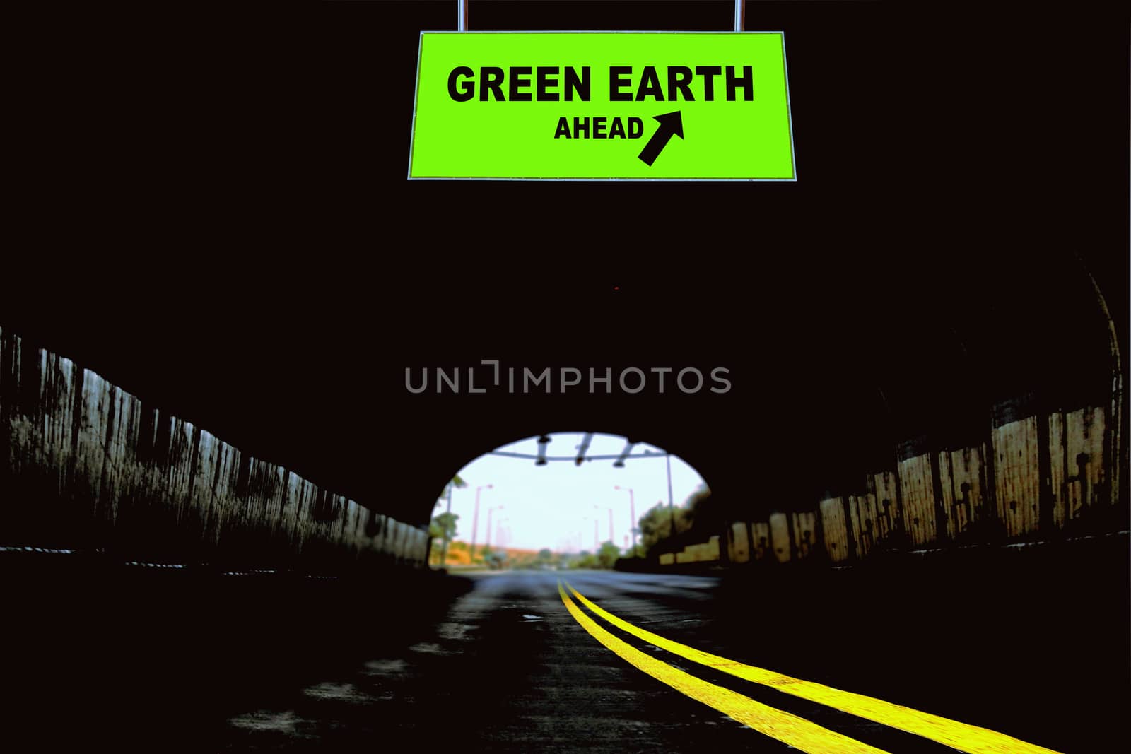 A Notice Board On A National Highway tunnel  Showing Green earth Ahead Concept