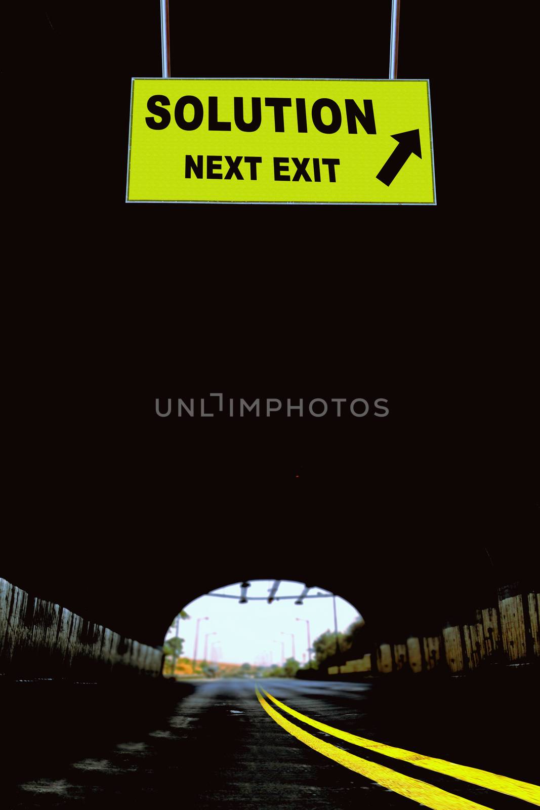 A Notice Board On A National Highway tunnel  Showing Solution Next Exit Concept