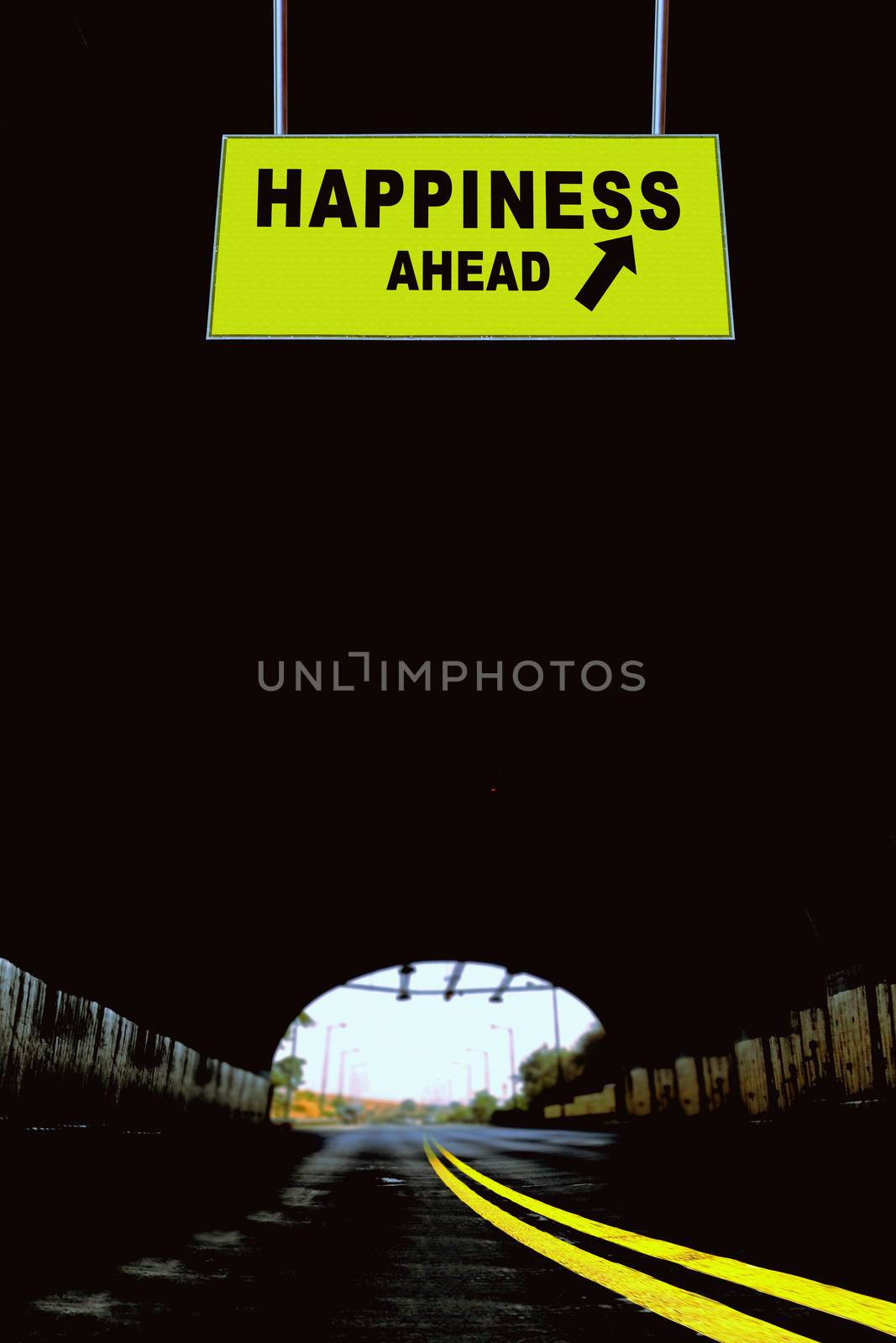 A Notice Board On A National Highway tunnel  Showing Happiness Ahead Concept