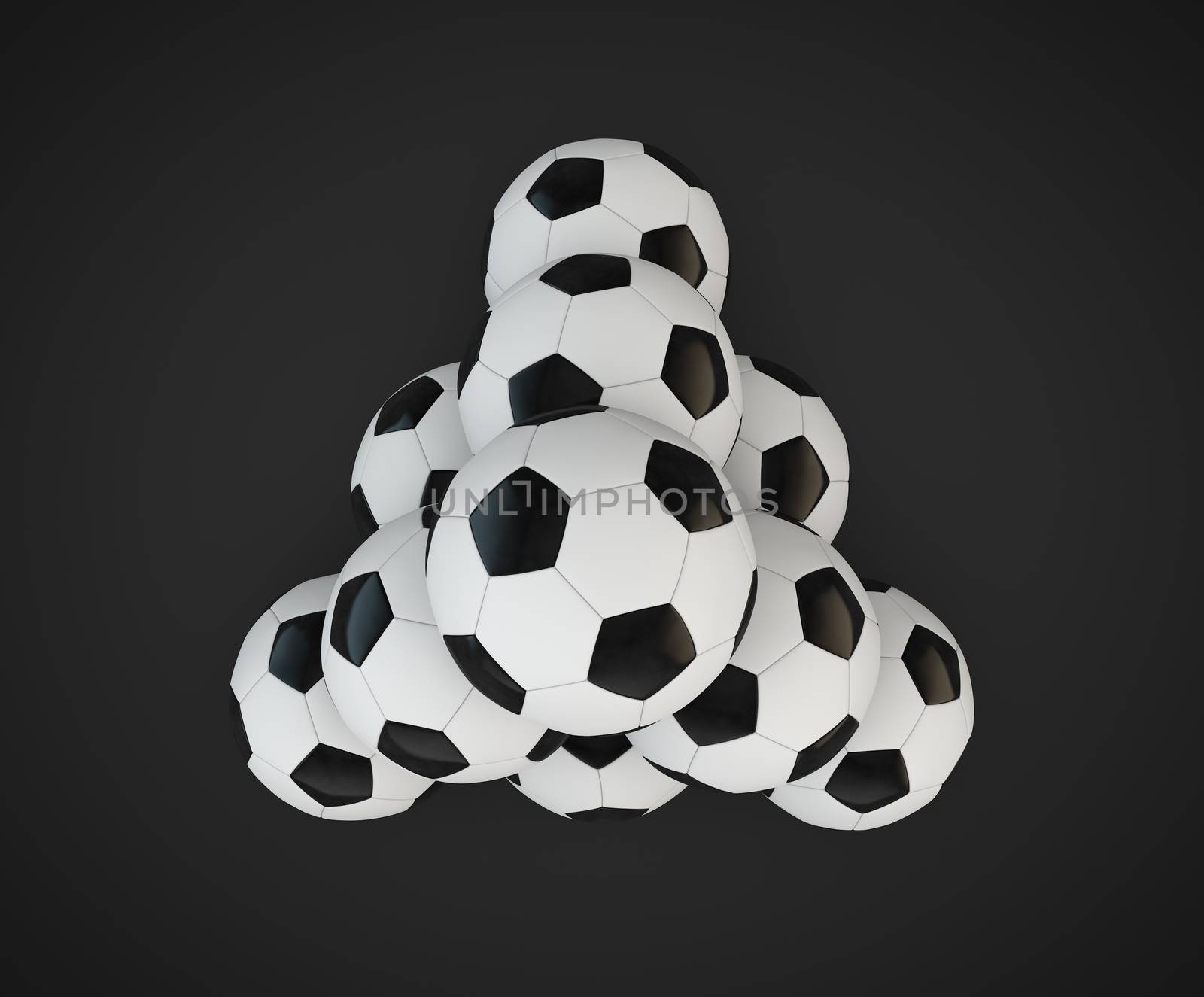 3d render of ten soccer balls faced pyramid top view