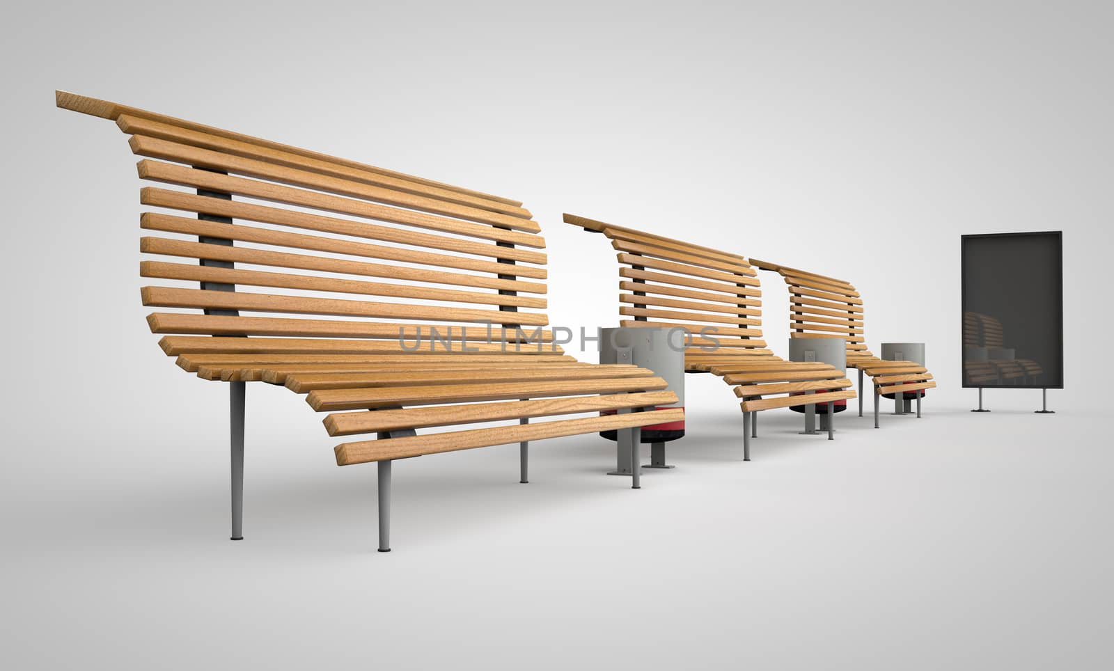 Three benches stretching into perspective with billboard