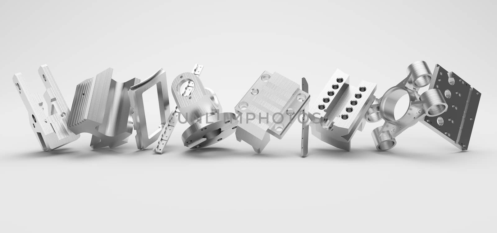 metal parts standing in row on white background by xtate