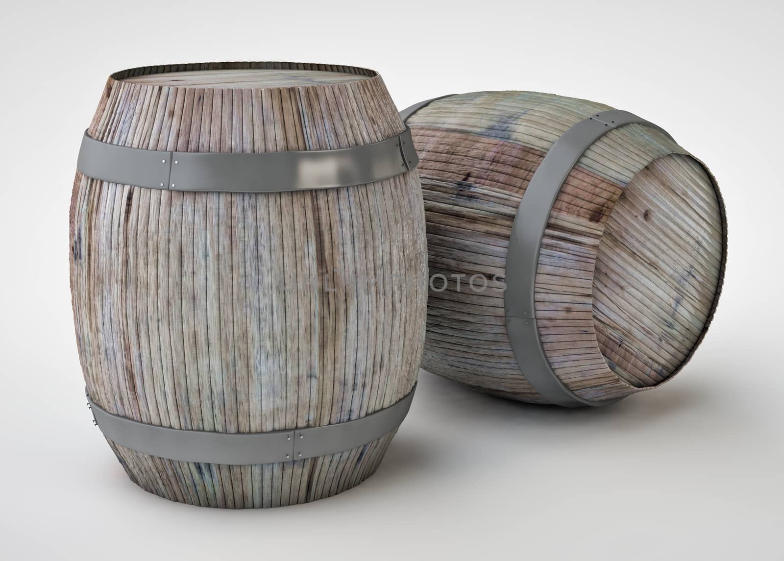 Beautiful wine barrels created in 3D program, rendered on white background