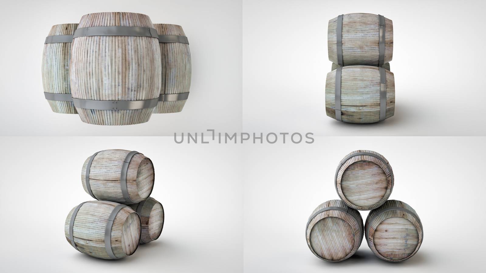 3d render of the beer barrels in four projections by xtate