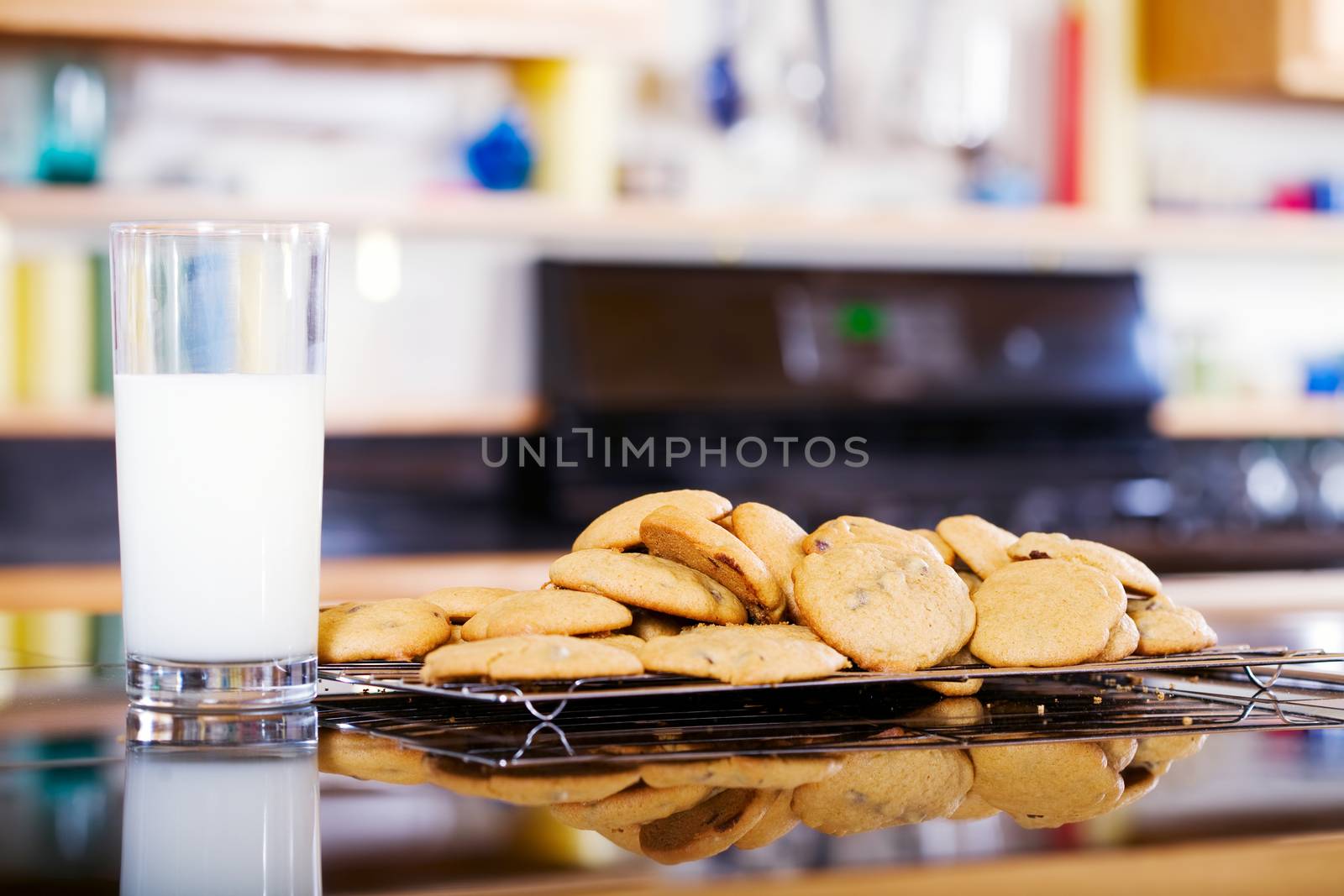 Snack of milk and cookies on kitchen counter