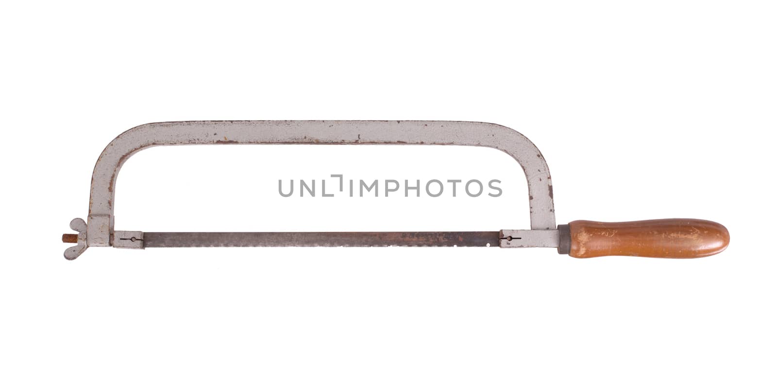 Old rusty hacksaw, isolated on white background