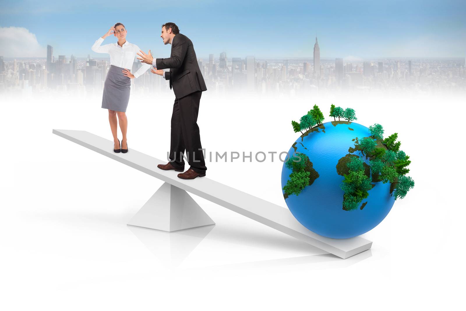 White scales weighing business people and earth with cityscape in background