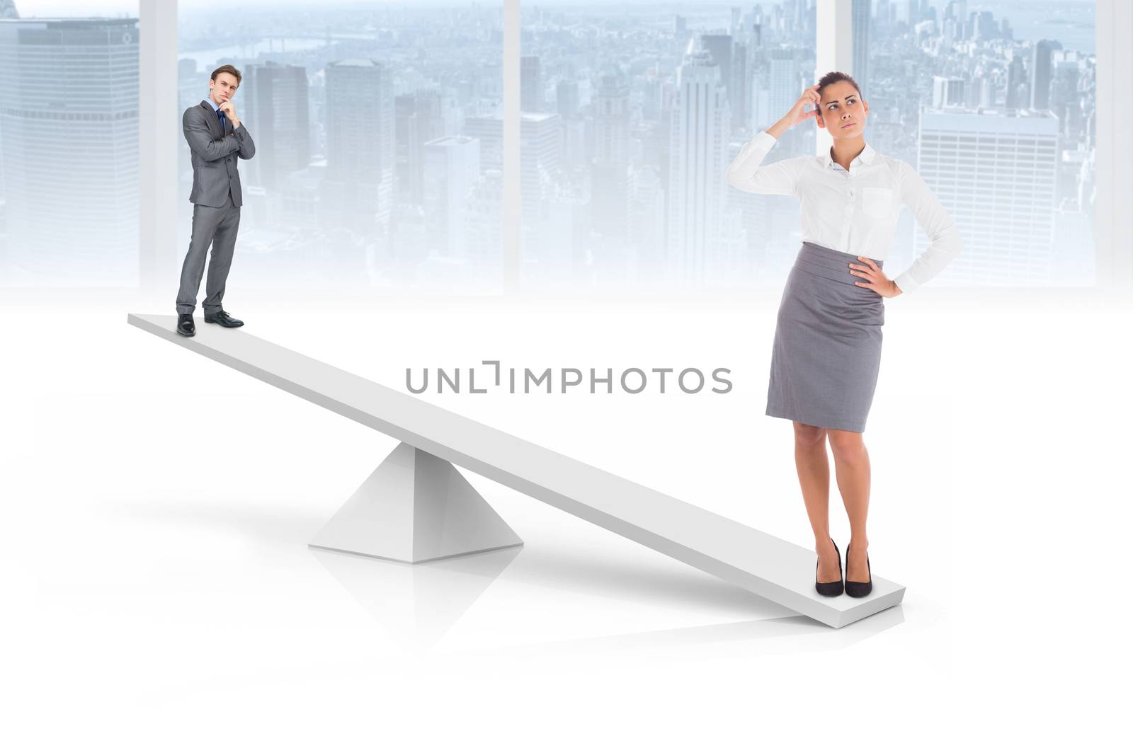 White scales weighing businessman and businesswoman in white room overlooking city