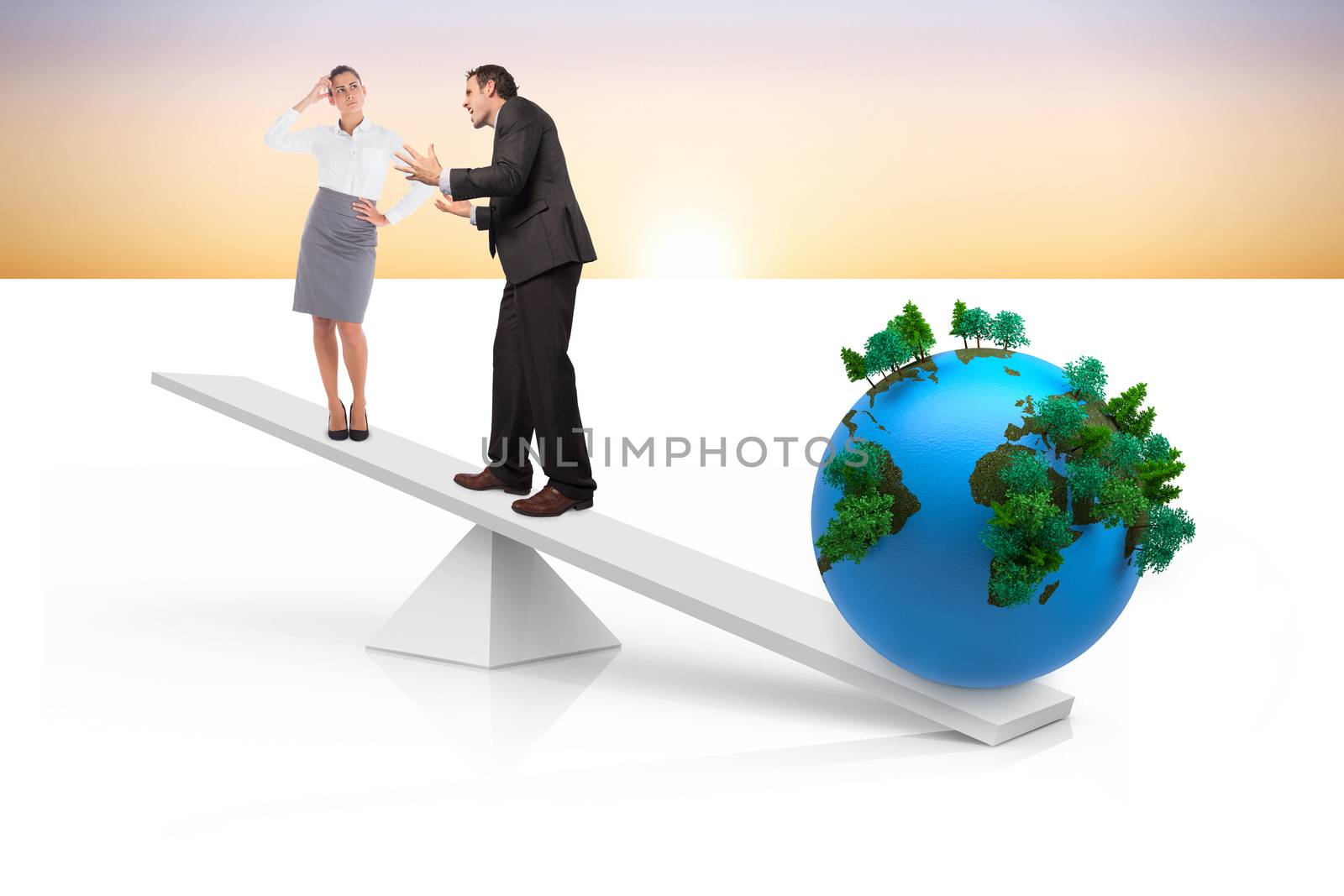 White scales weighing business people and earth by Wavebreakmedia