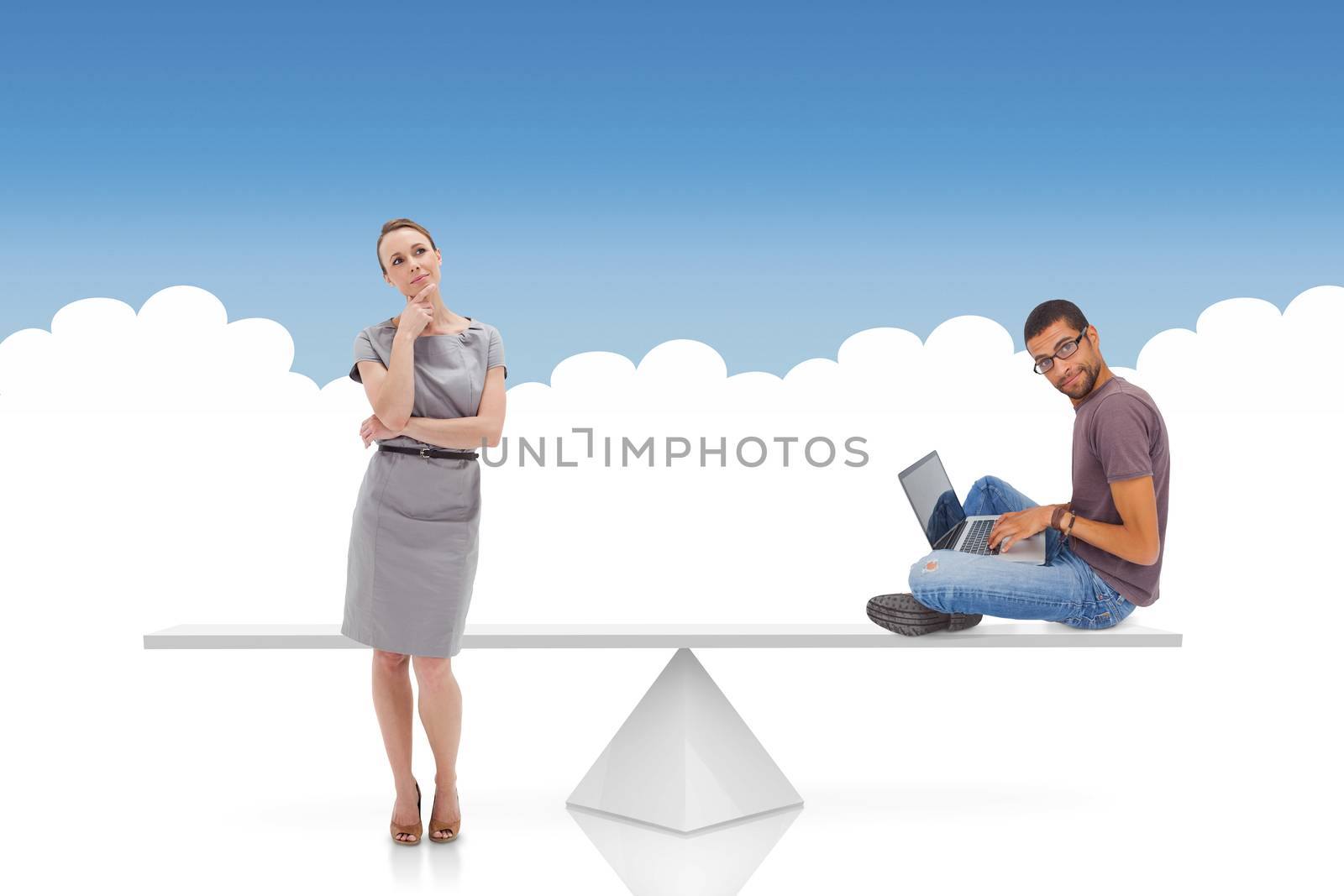 White scales weighing businesswoman and man against blue and white background