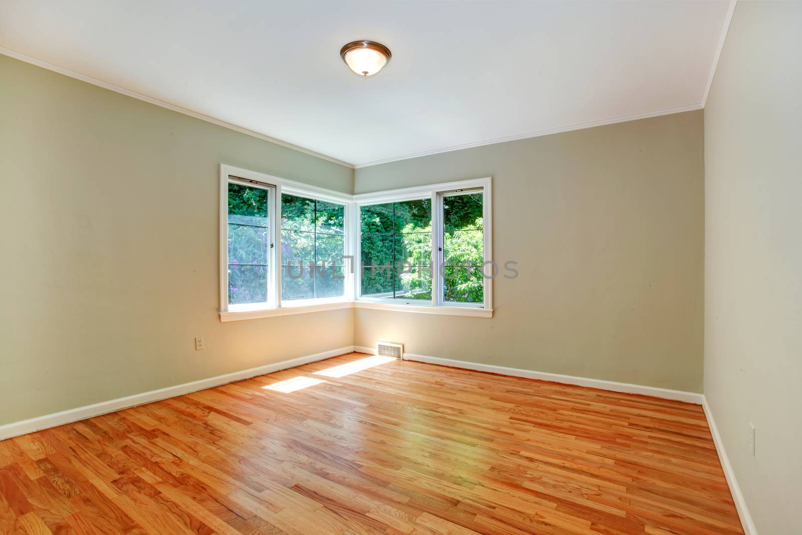 Empty master bedroom interior with windows and hardwood floor