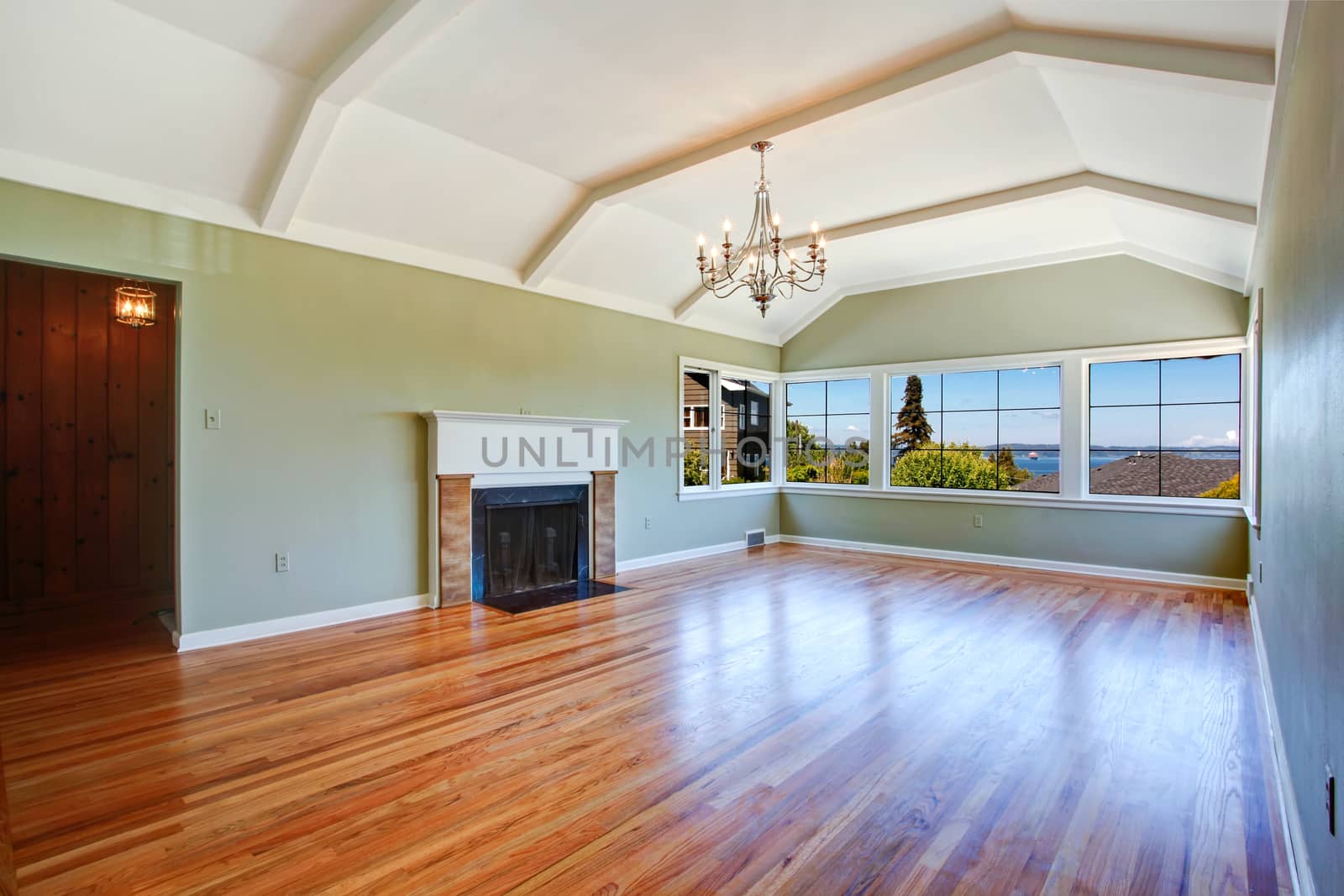 Empty specious living room interior with vaulted ceiling, light mint walls, hardwood floor and fireplace. Room with bay view