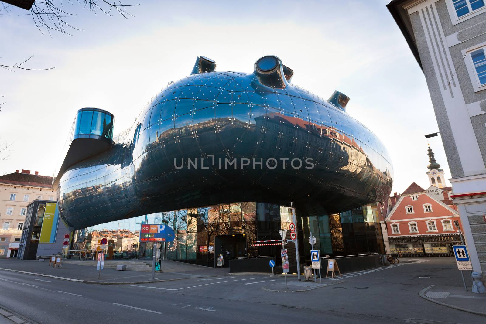 Graz, Austria - January 16, 2011: Street view of Art Museum, Graz, Austria