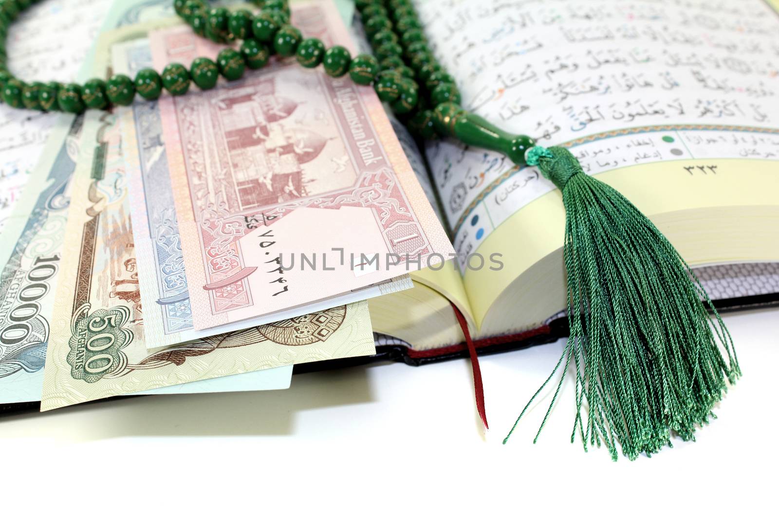 whipped Quran with afghanistanischer currency before light background