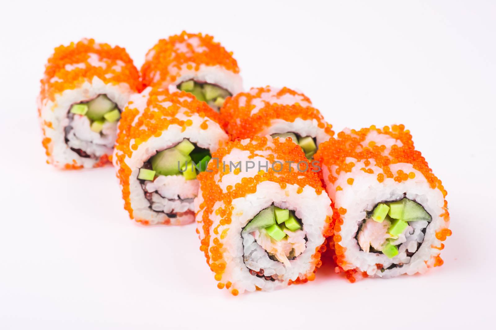 sushi roll in tobiko isolated on white background 