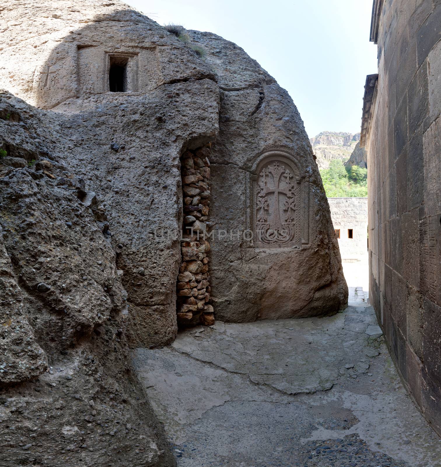 View from a grotto in the ancient Armenian temple complex Geghard