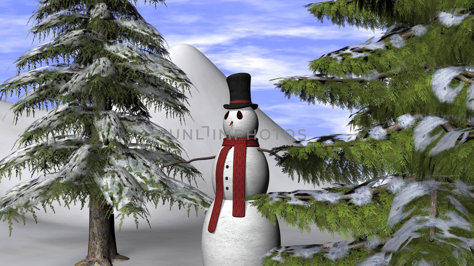 Christmas Background with a Snowman and two fir trees 