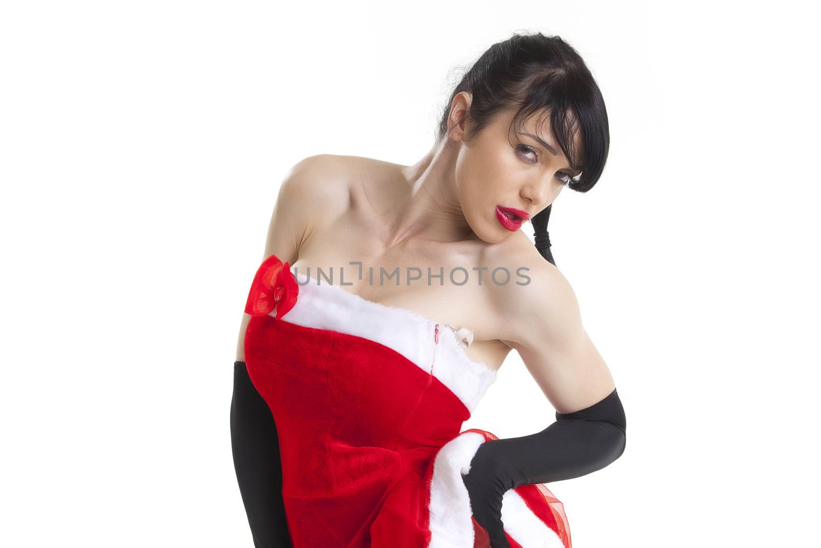 woman in a santa costume on white
