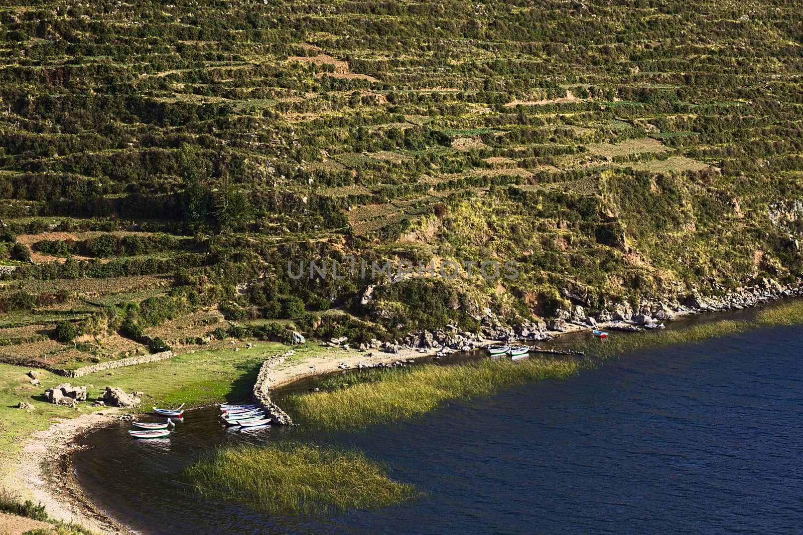 Small boats in bay and remnants of old agricultural terraces on hillside in rural landscape on the northern part of Isla del Sol (Island of the Sun) in Lake Titicaca in Bolivia
