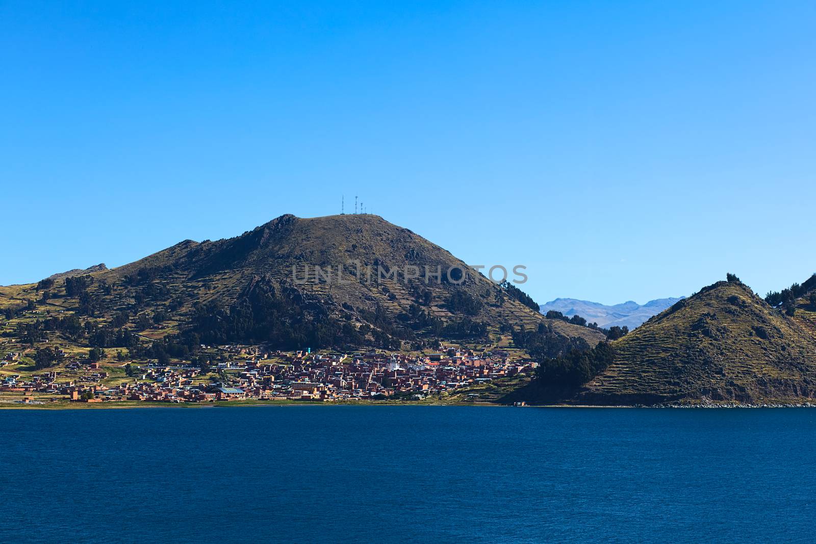 The small tourist town of Copacabana on the shore of Lake Titicaca in Bolivia
