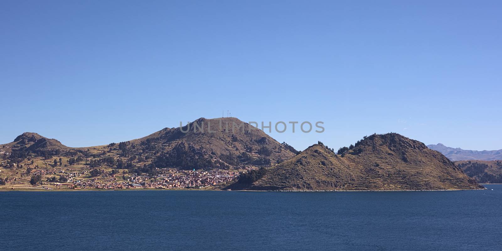 The small tourist town of Copacabana on the shore of Lake Titicaca in Bolivia