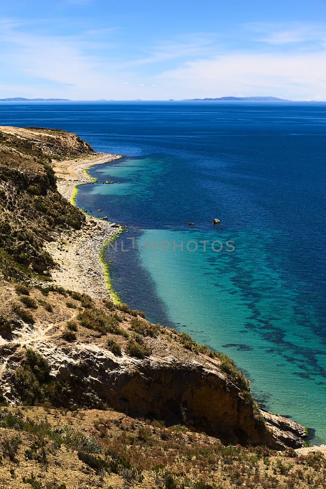 Shoreline on the northern tip of the popular travel destination Isla del Sol (Island of the Sun) in Lake Titicaca close to Copacabana in Bolivia