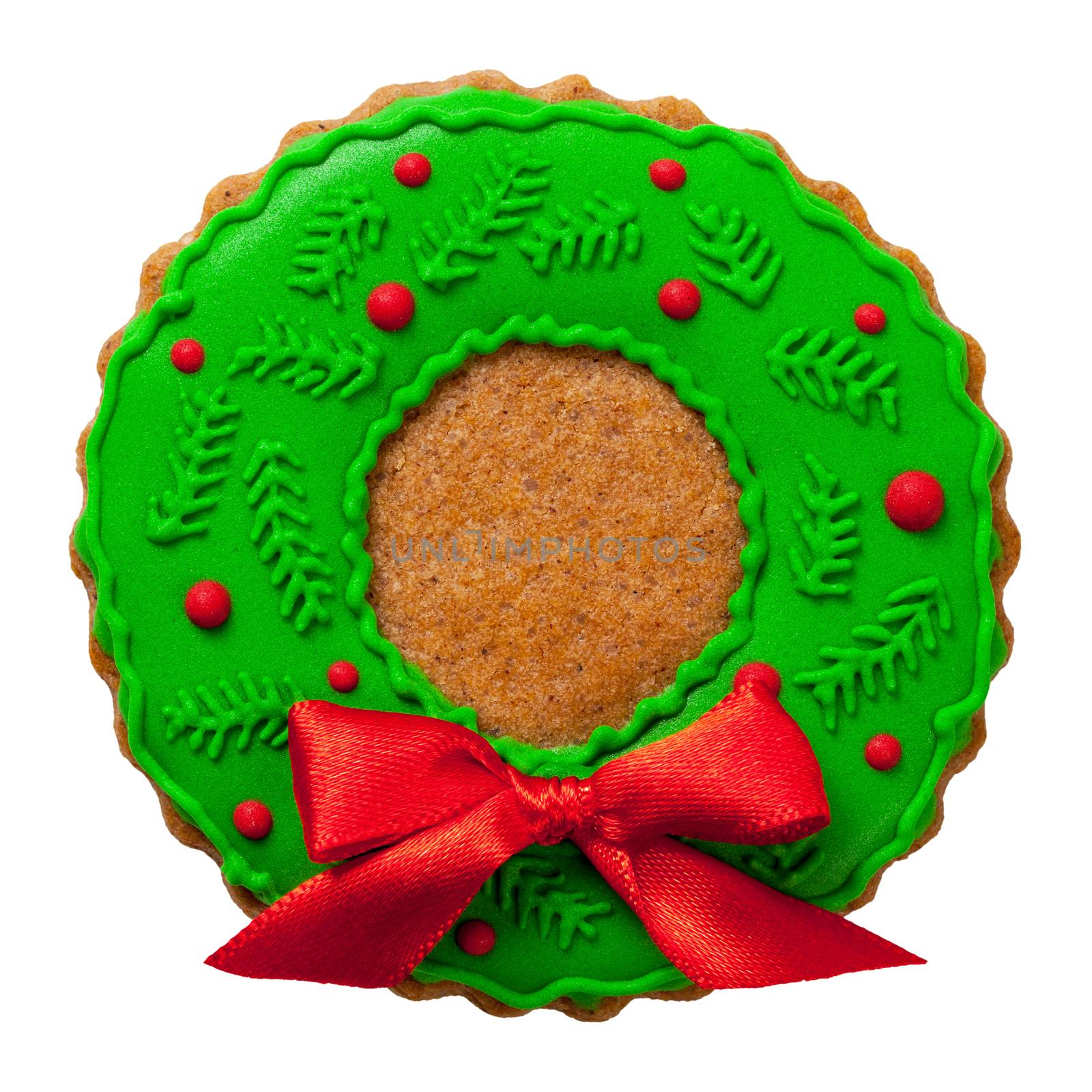 Christmas wreath gingerbread cookie isolated on white background