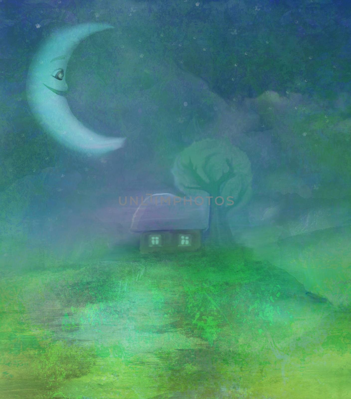 fantasy landscape with smiling moon by JackyBrown